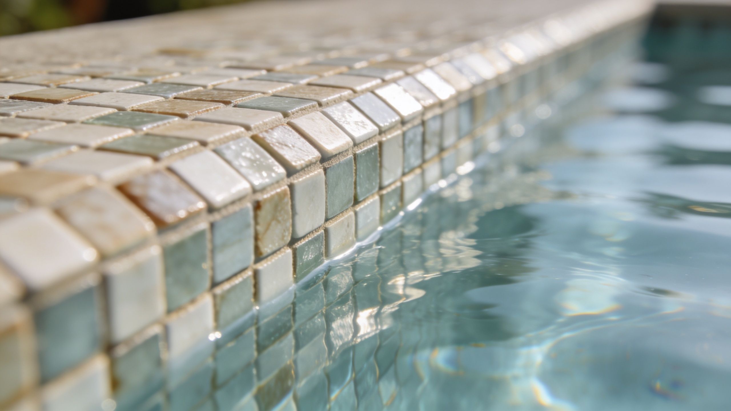 Close-up of elegant mosaic pool tiles at the water line of a luxury swimming pool.