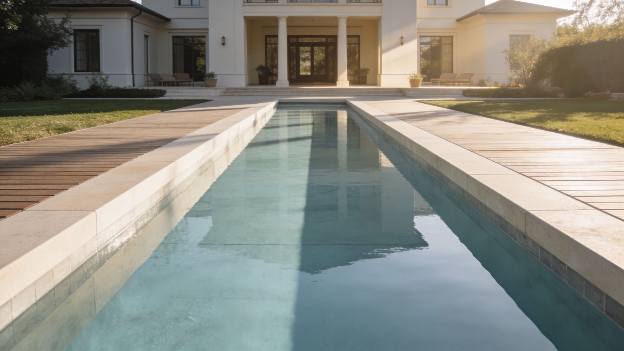A long, elegant lap pool stretching towards a luxurious white mansion during a bright, sunny afternoon.