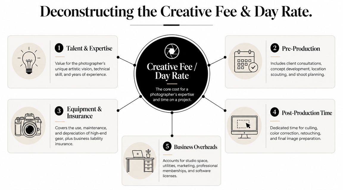 A diagram breaking down the five key components of a professional photographer's creative fee and day rate.