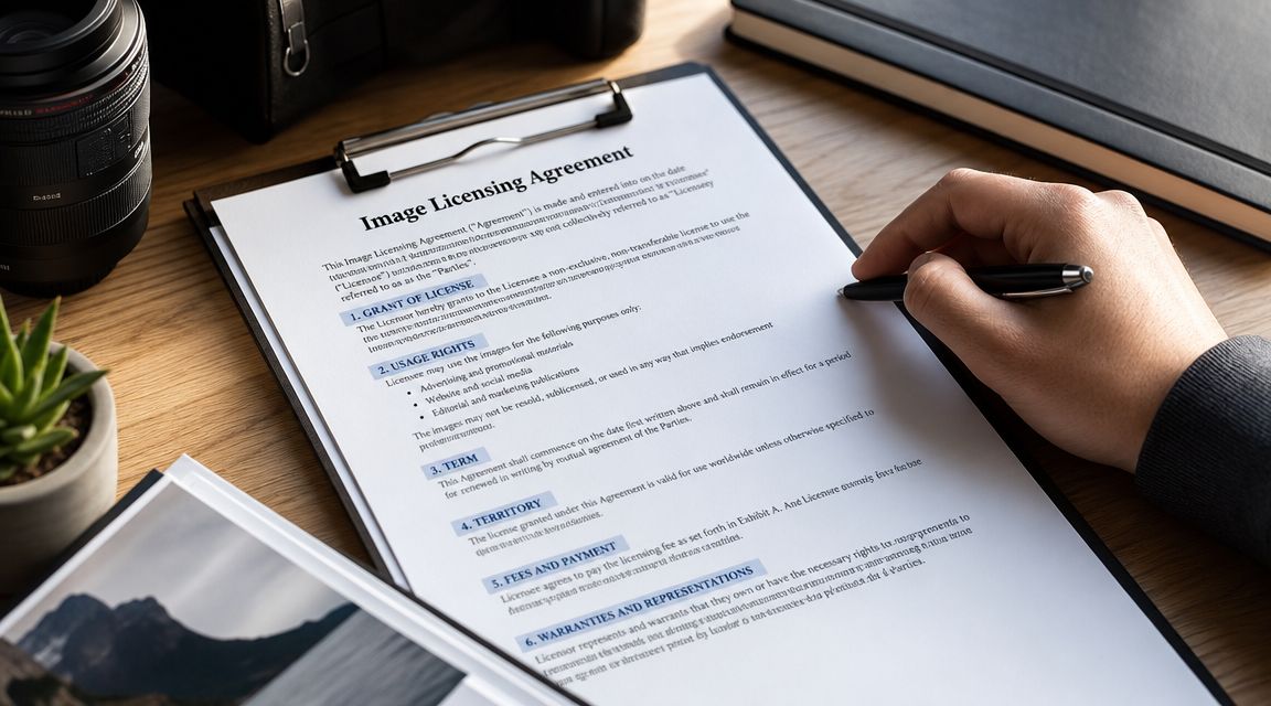 A person holding a pen over an image licensing agreement contract on a wooden office desk.