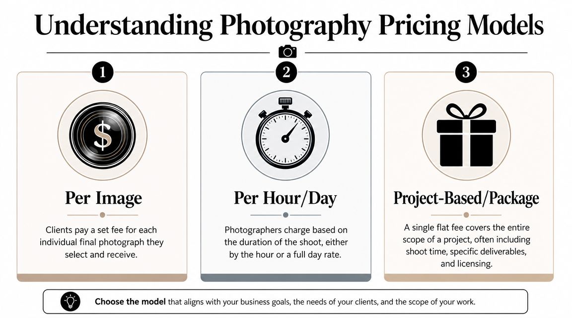 An infographic titled Understanding Photography Pricing Models displaying three different methods for pricing professional photography services.