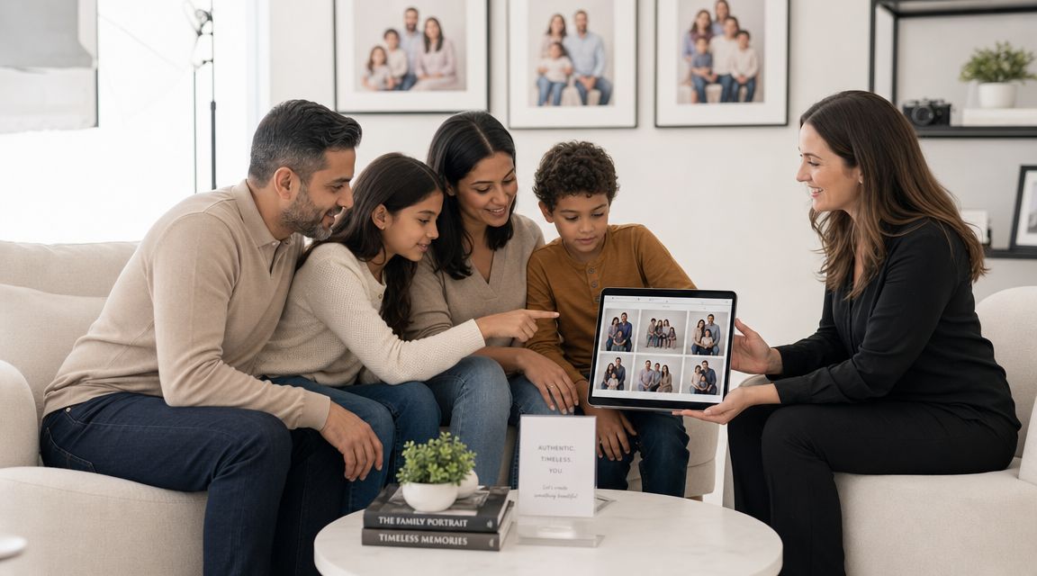 A professional photographer showing family photo options on a digital tablet to a happy family.