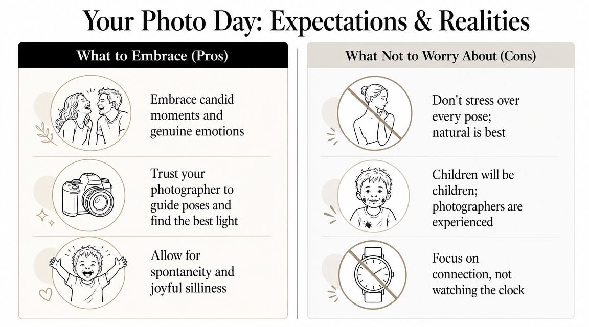 An infographic titled Your Photo Day explaining tips for successful family photography sessions and managing expectations.
