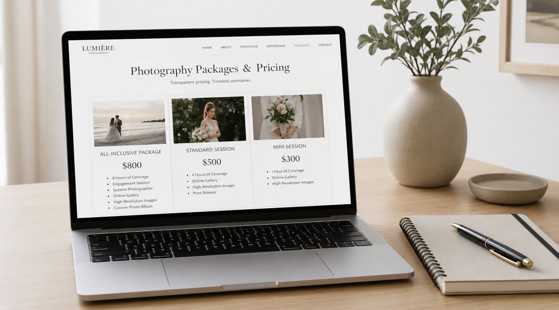 A laptop on a wooden desk displaying photography packages and pricing from Lumiere Photography.
