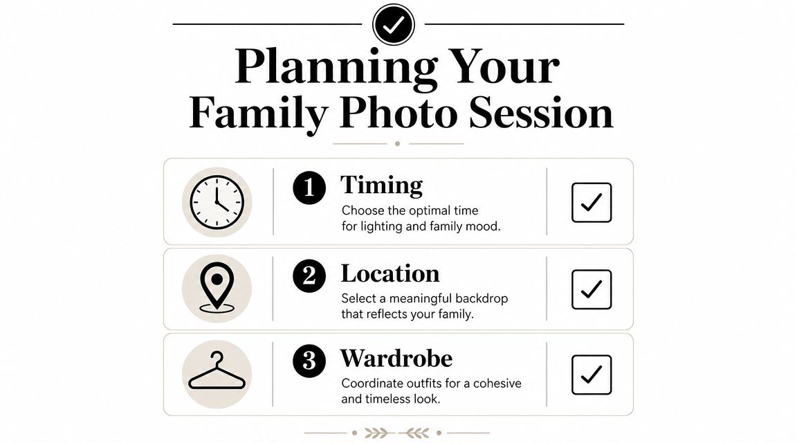 An infographic titled Planning Your Family Photo Session listing three steps: Timing, Location, and Wardrobe.