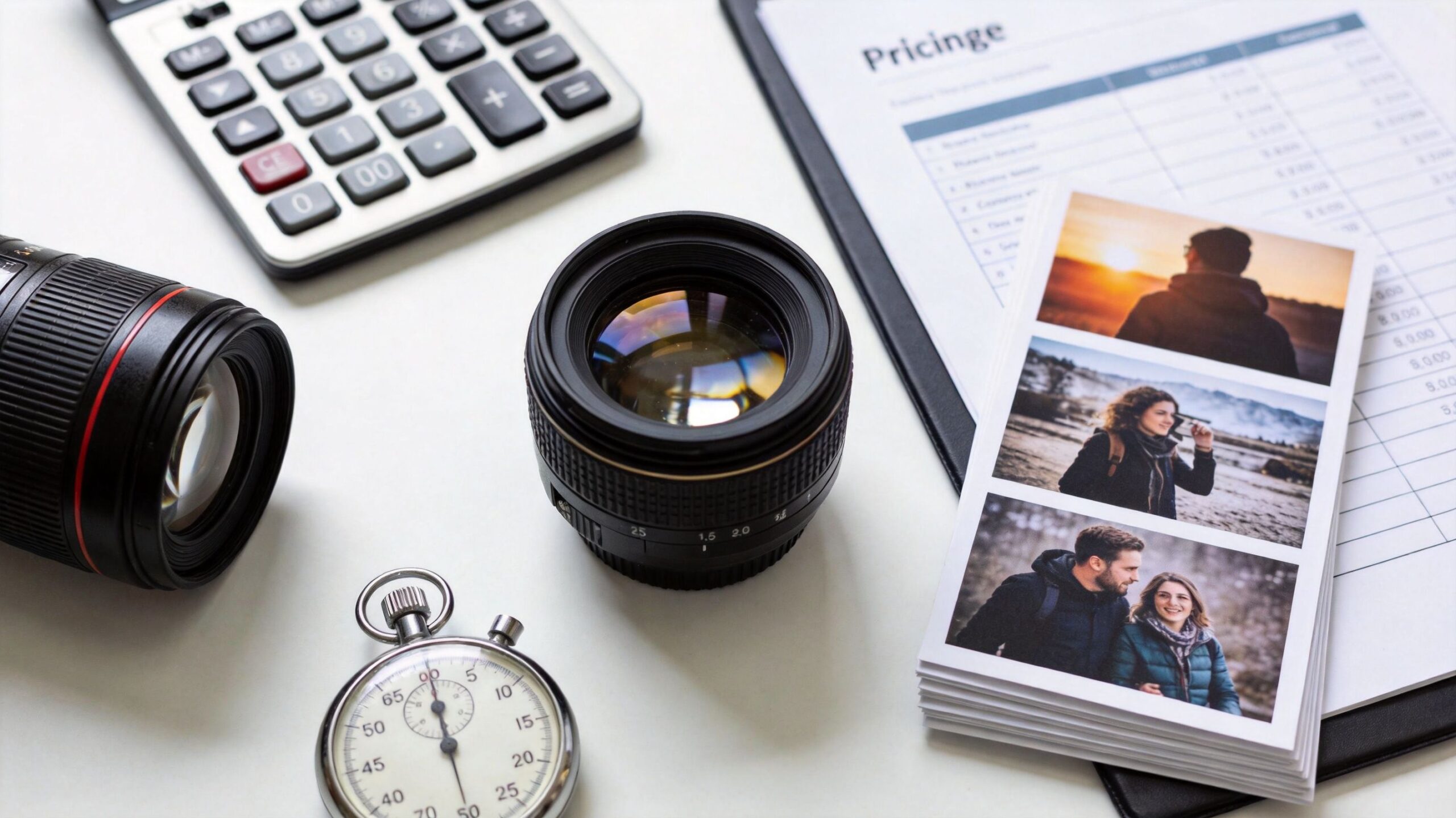 Professional photography equipment, a calculator, and a price list on a bright white office desk surface.