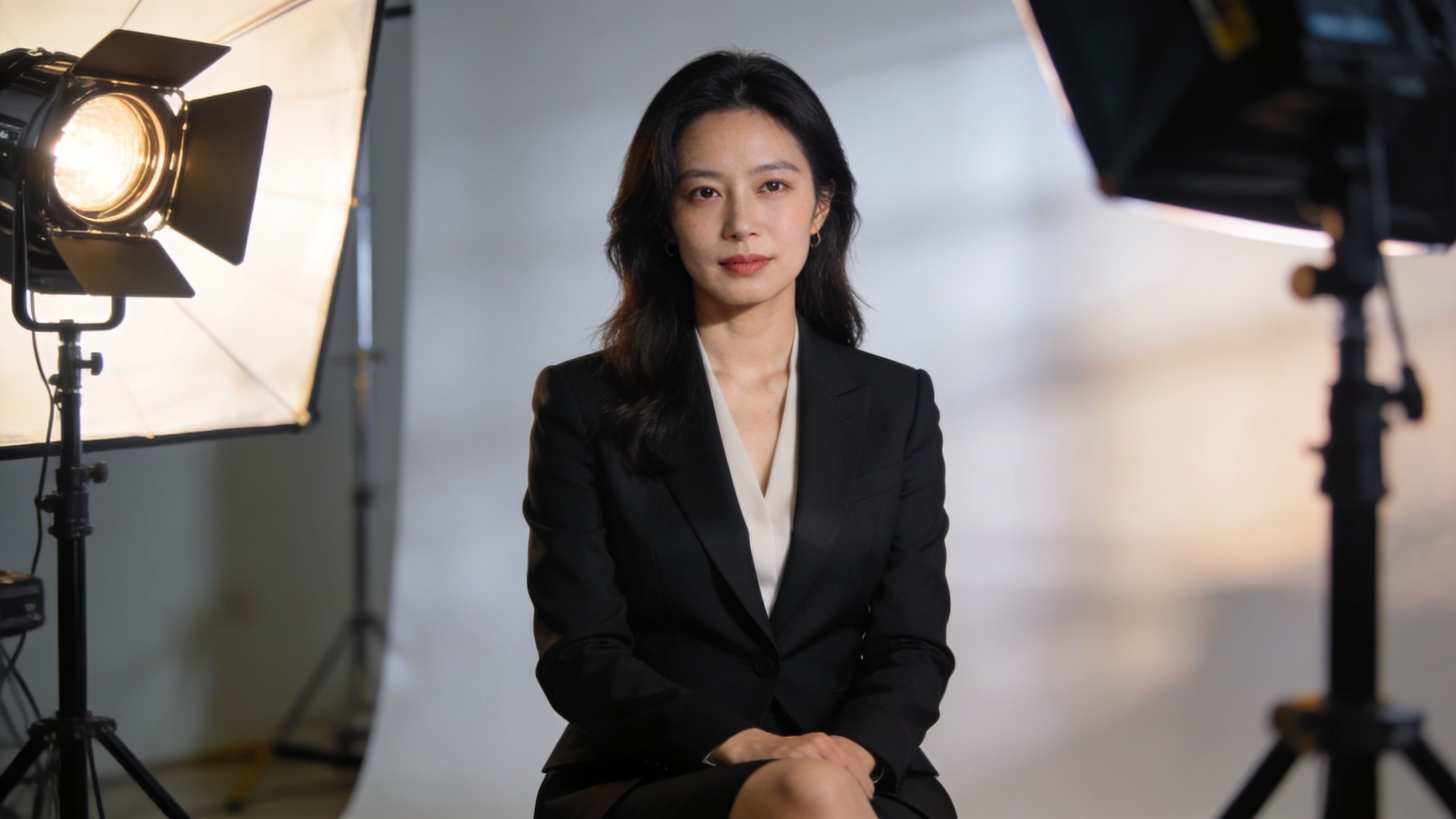 A professional Asian woman in a black blazer sits in a bright studio with photography equipment.