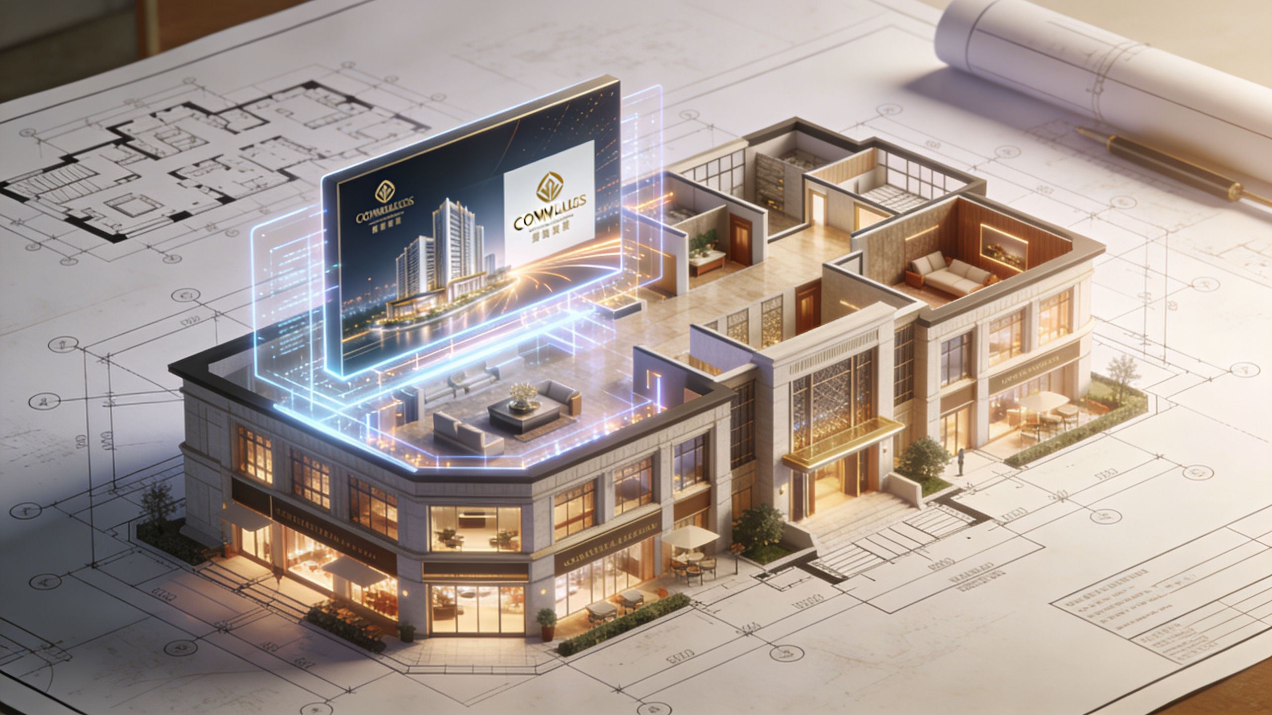 A detailed 3D architectural model of a modern building placed on technical blueprints with holographic display features.