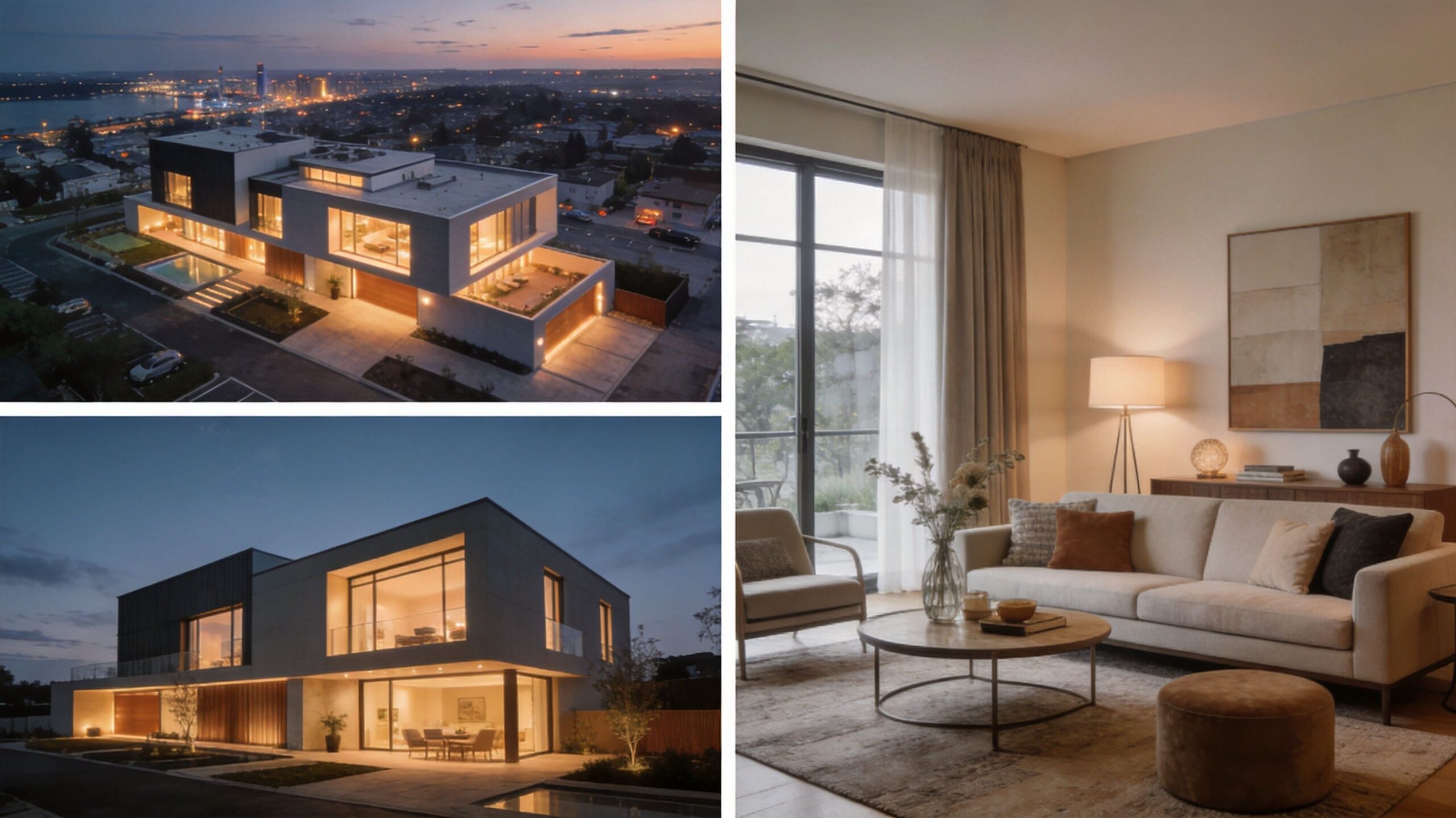 A modern architectural home showcase featuring nighttime exterior shots and a warm, elegantly decorated living room interior.