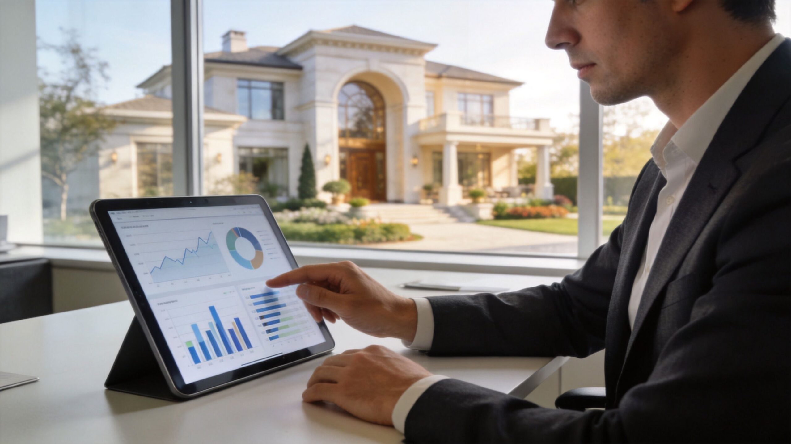 A professional in a suit analyzing real estate data on a tablet with a luxury house background.