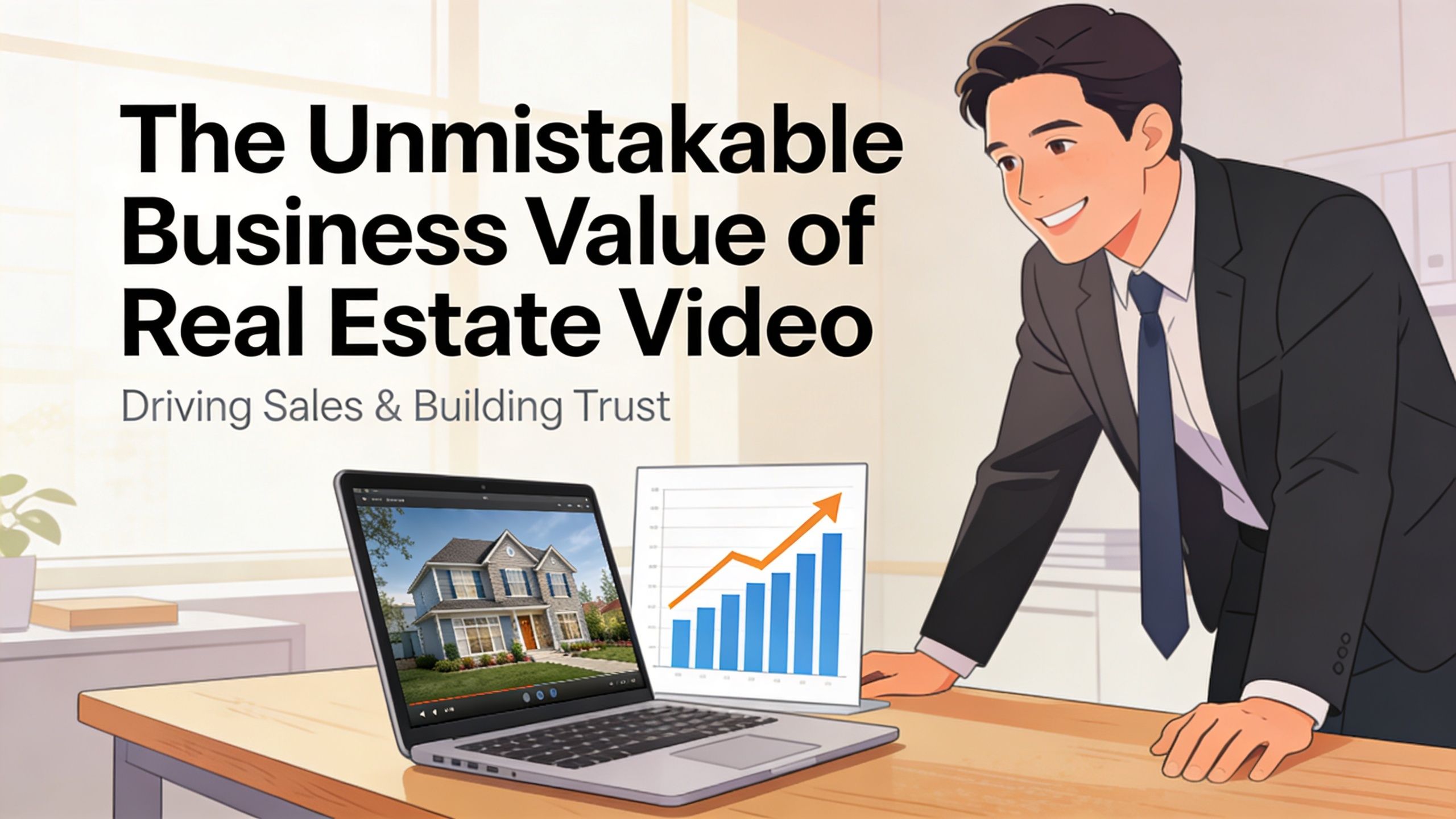 A professional man in a suit stands next to a laptop displaying real estate video and graphs.
