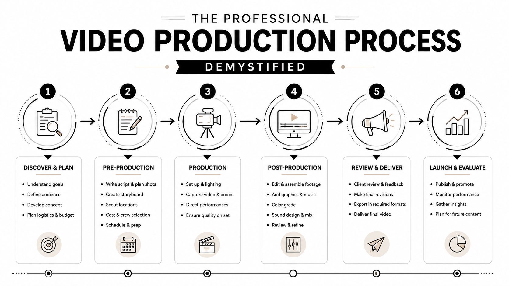 A six-step infographic detailing the professional video production process from planning to final evaluation and launch.