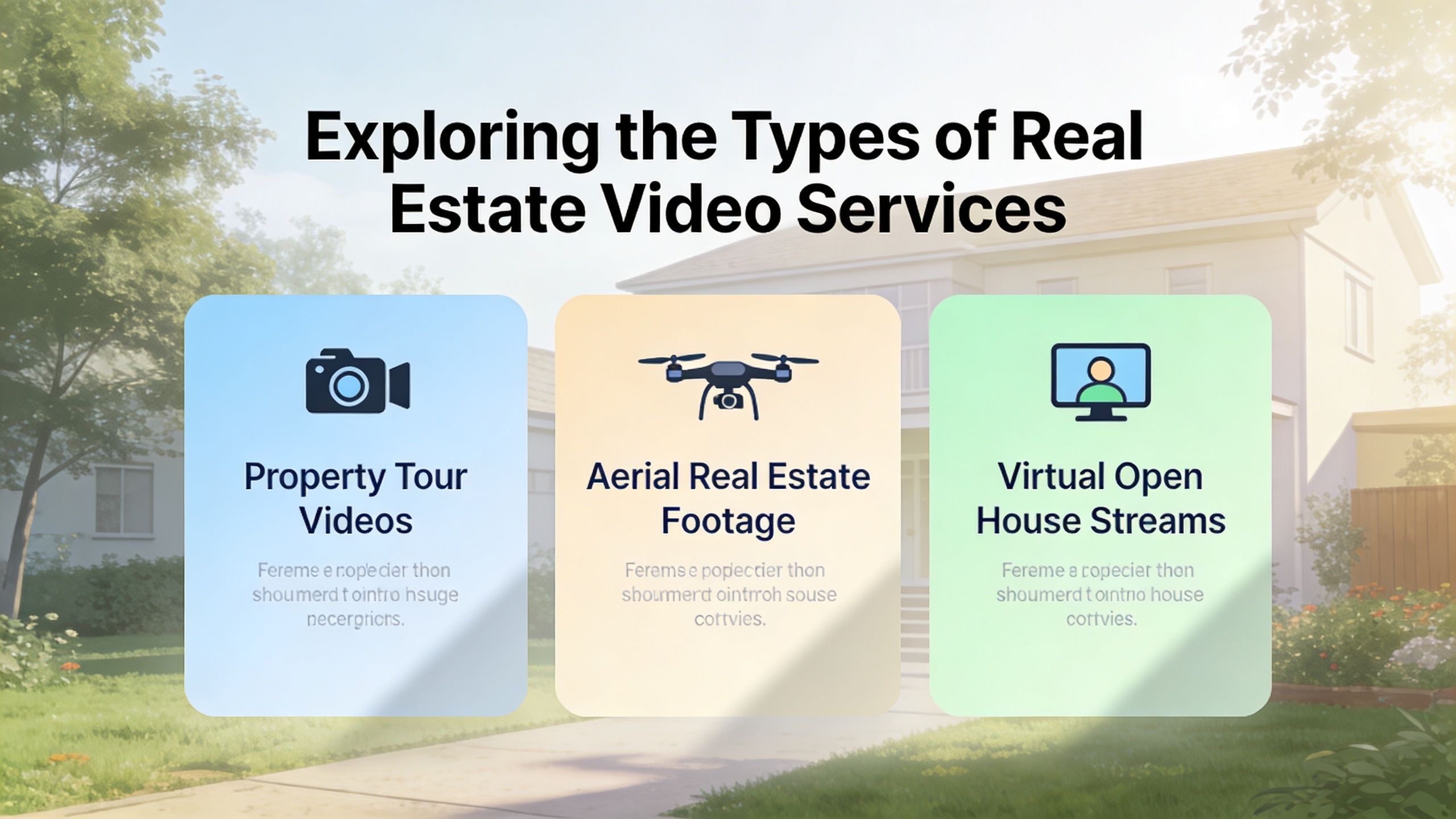 An infographic titled Exploring the Types of Real Estate Video Services featuring property tours, aerial footage, and virtual open houses.