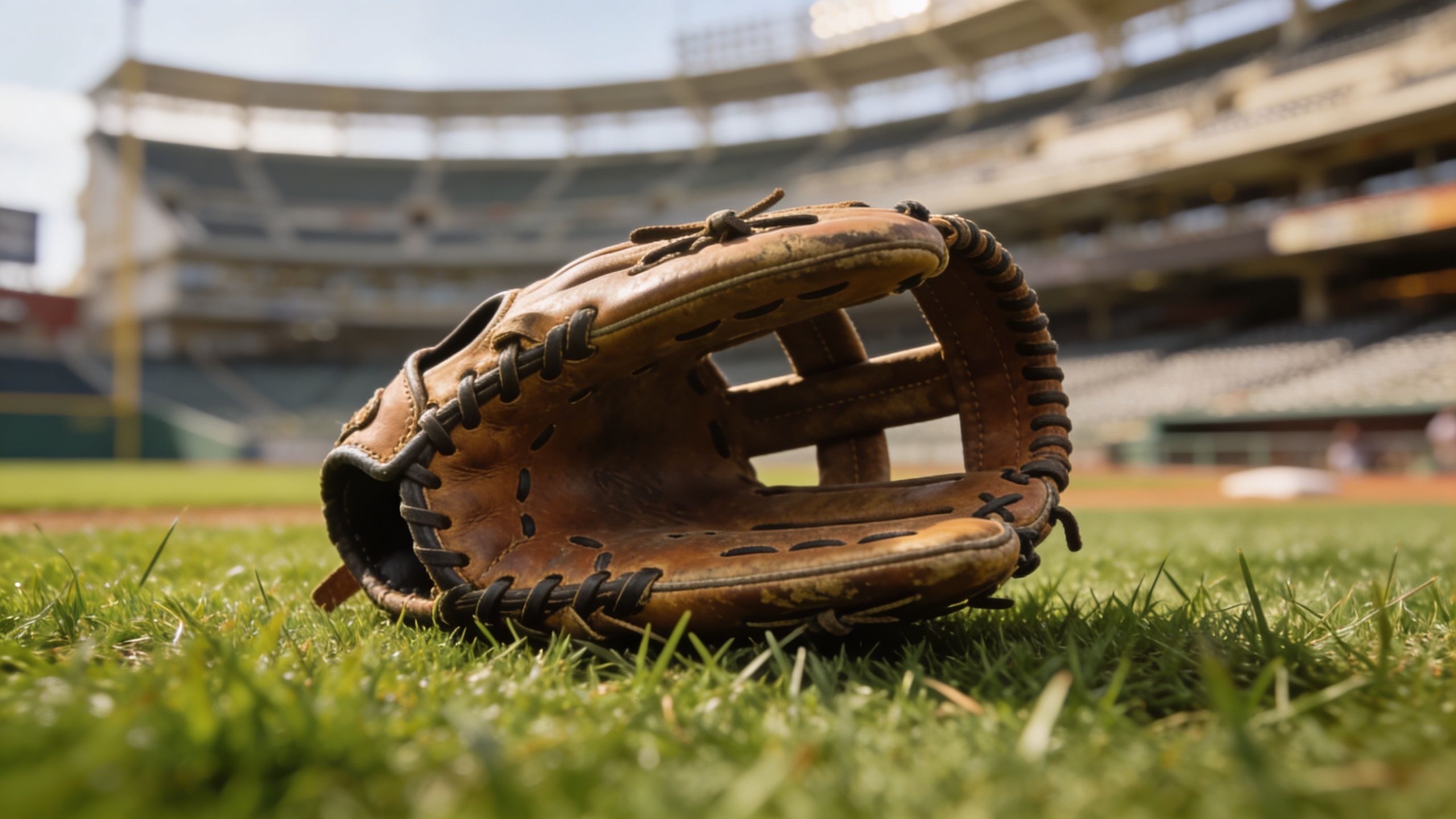 A leather baseball glove resting on the grass of the Russ Chandler Stadium in Atlanta, Georgia.