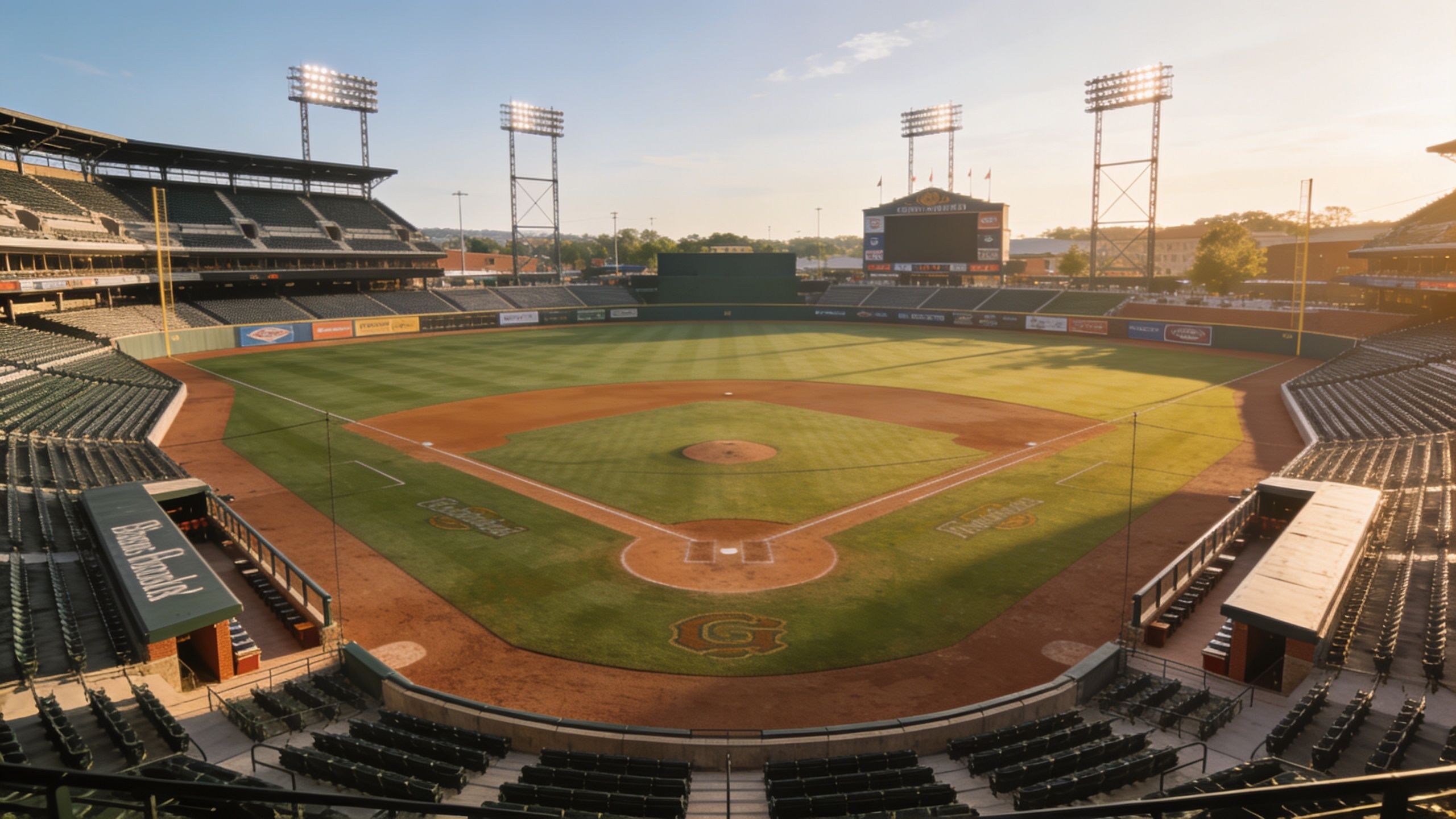 An empty Russ Chandler Stadium in Atlanta, Georgia, featuring a well-maintained baseball field under sunny skies.