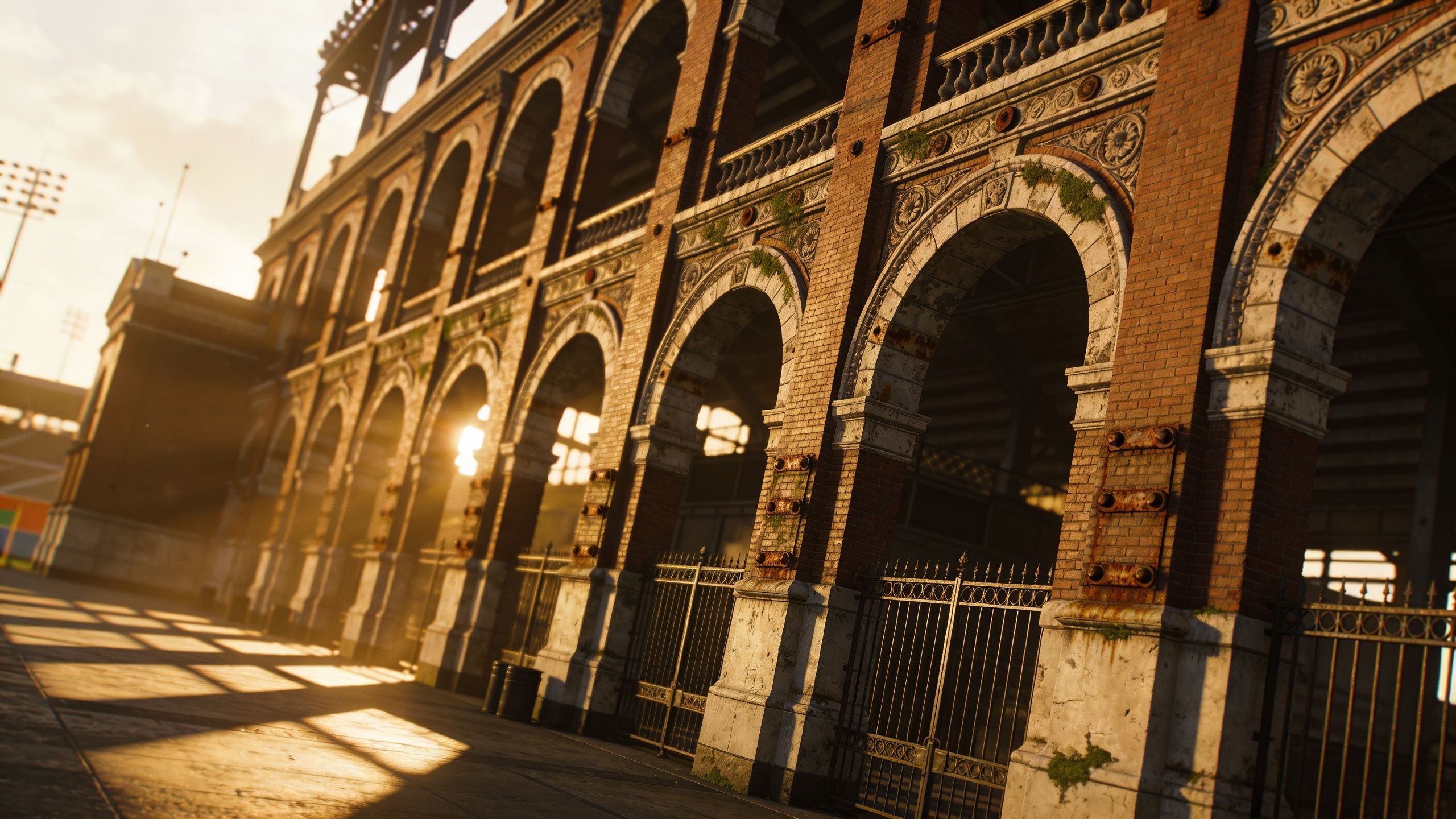The exterior brick arches of Russ Chandler Stadium in Atlanta, Georgia, during a beautiful golden hour.