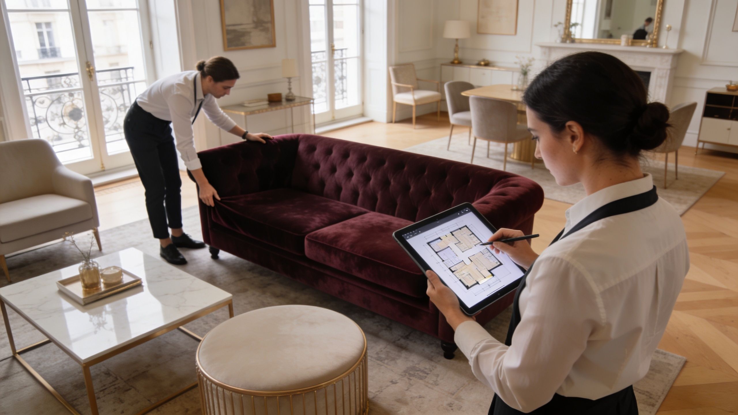 Two interior designers coordinating a luxurious living room setup while checking floor plans on a digital tablet.