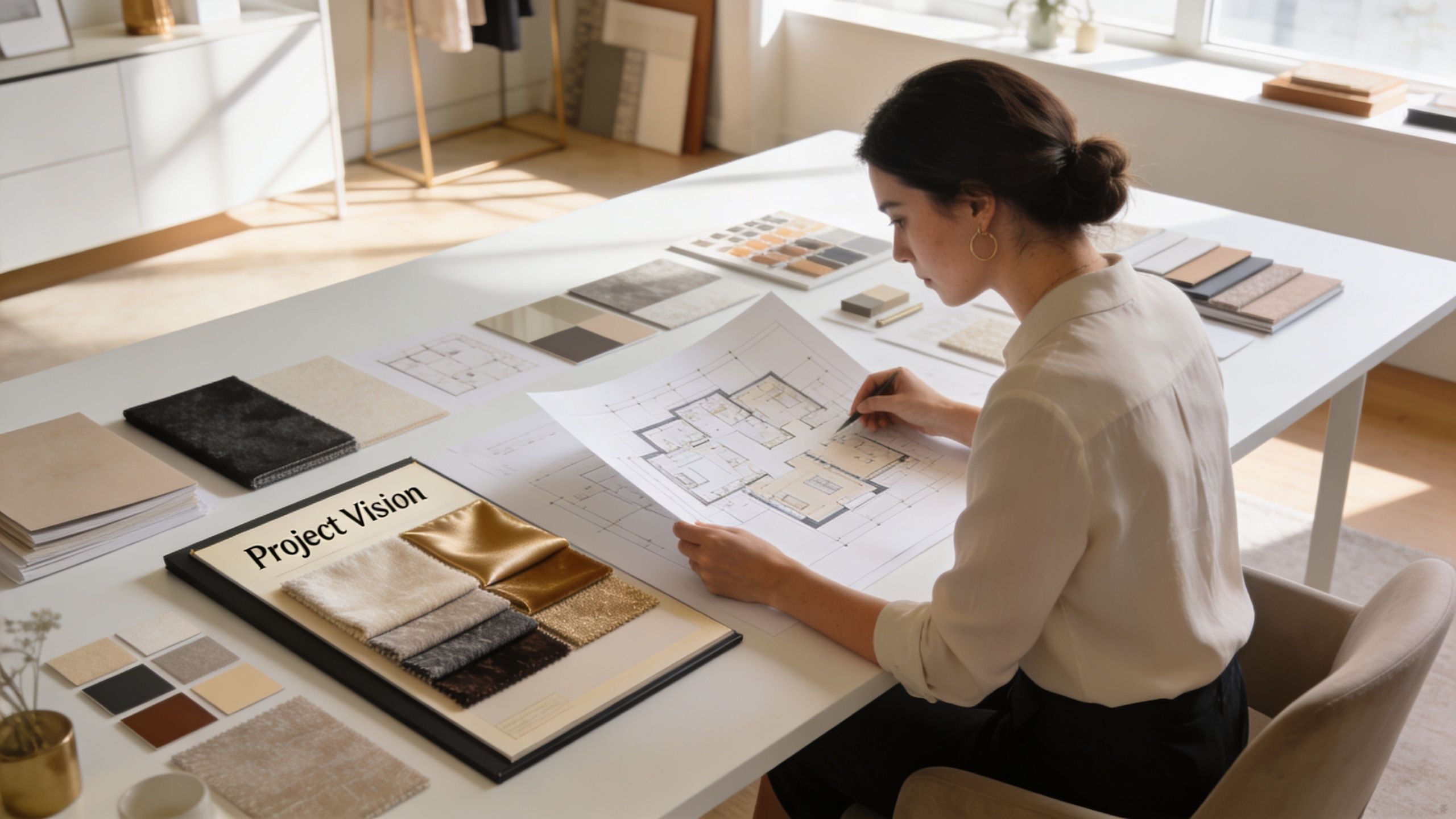 A professional interior designer reviews floor plans with fabric samples spread across a bright, modern studio table.