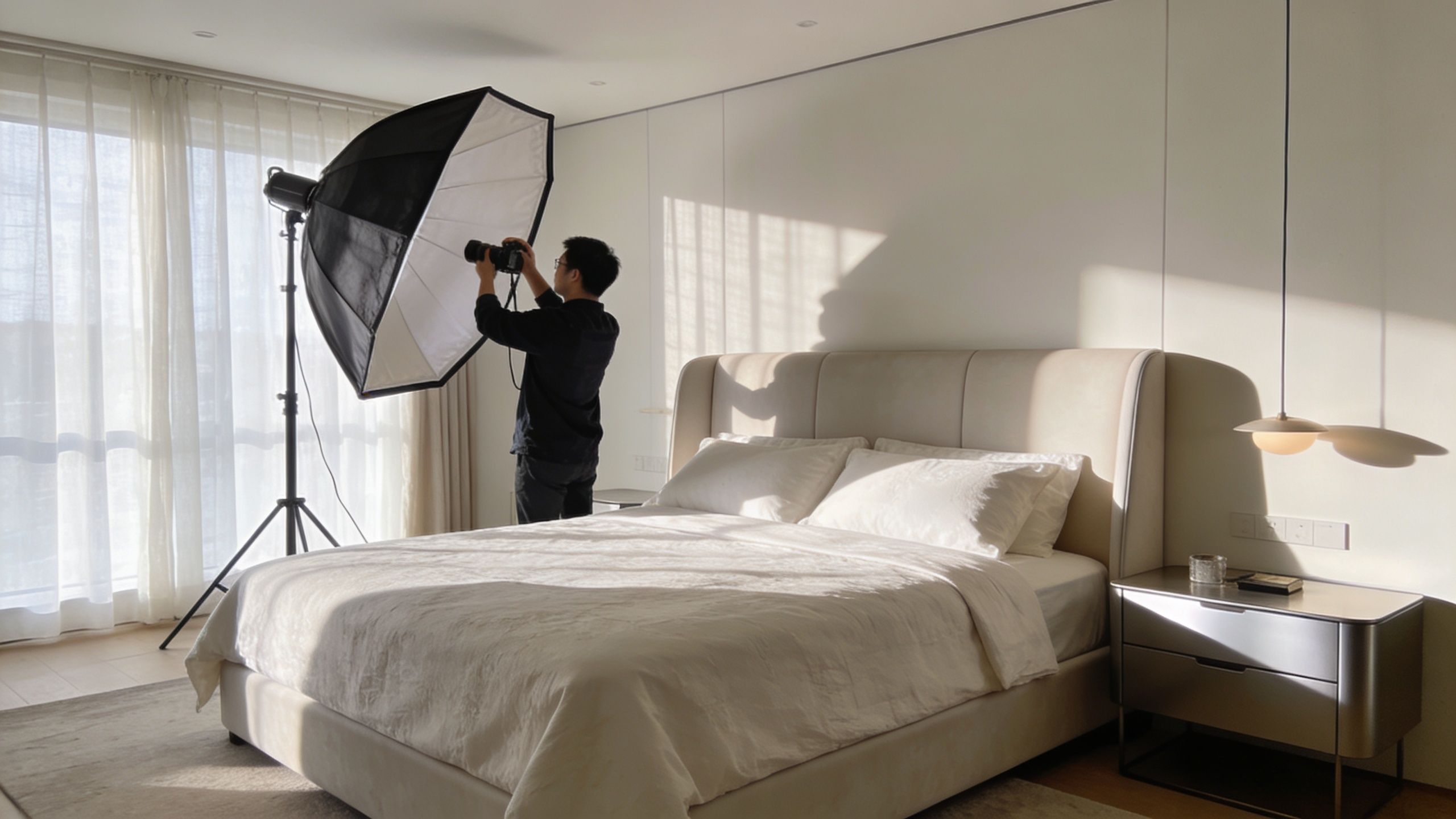 A professional photographer uses a large softbox to capture shots of a luxurious, neutrally toned bedroom setup.