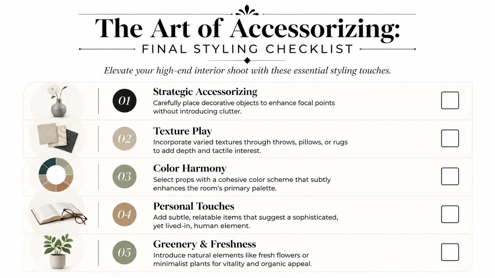 A styling checklist titled The Art of Accessorizing for high-end interior photography featuring five professional decor tips.