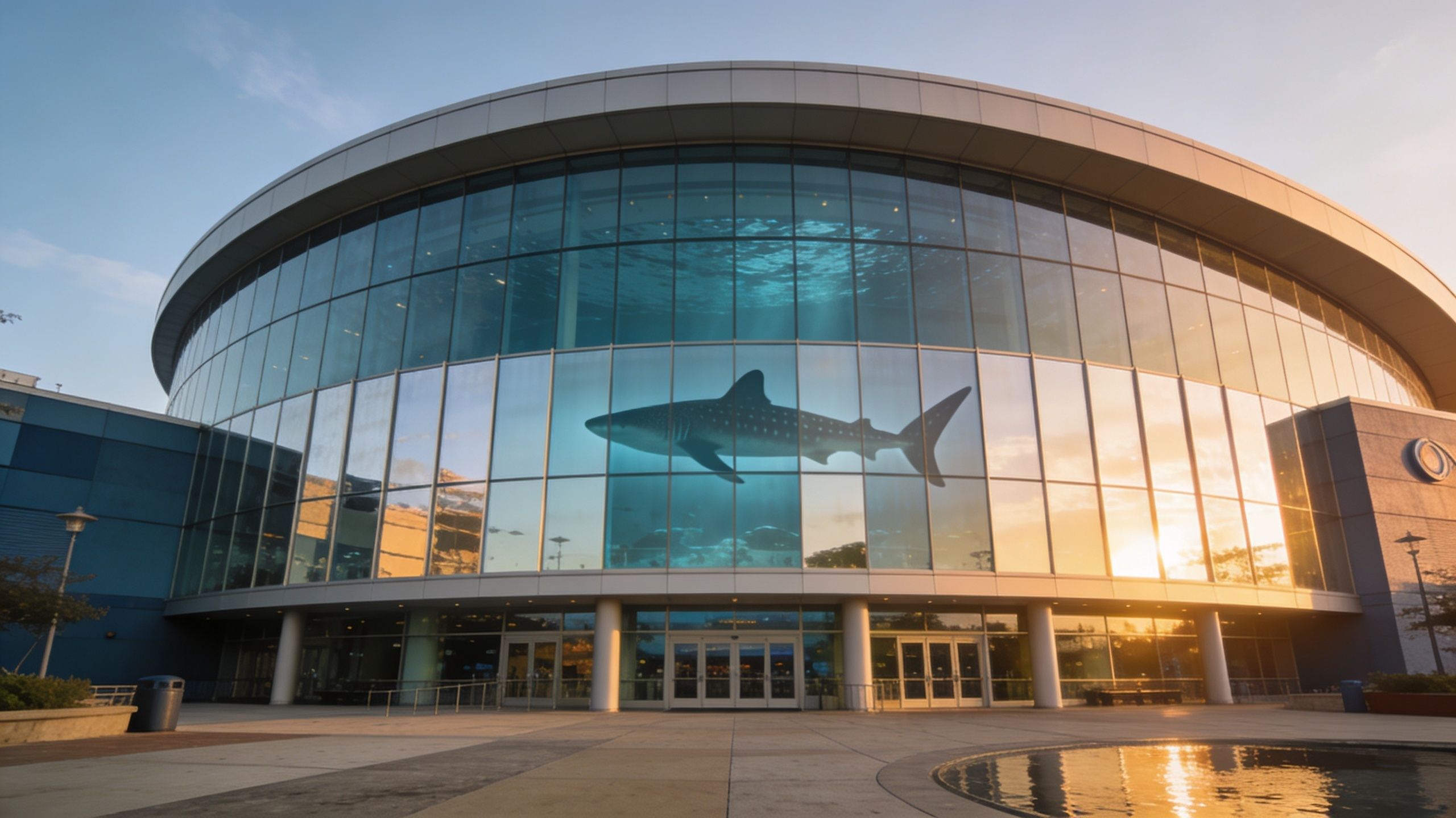A modern curved aquarium building in Atlanta featuring a giant whale shark displayed on its glass facade.