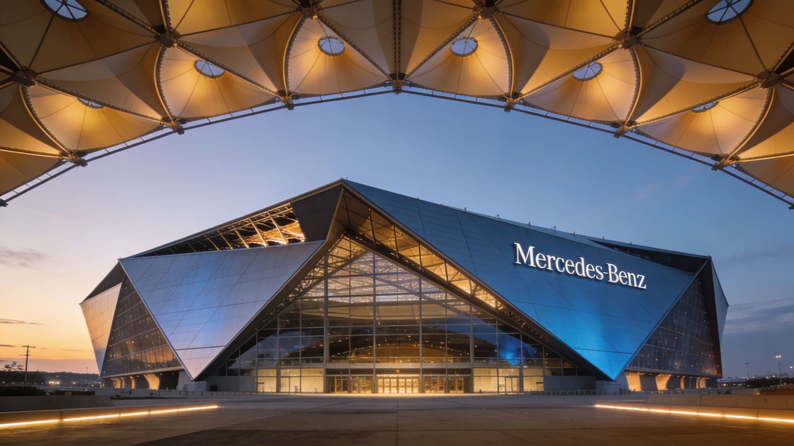 A wide angle view of the Mercedes-Benz Stadium in Atlanta at dusk under a large canopy structure.
