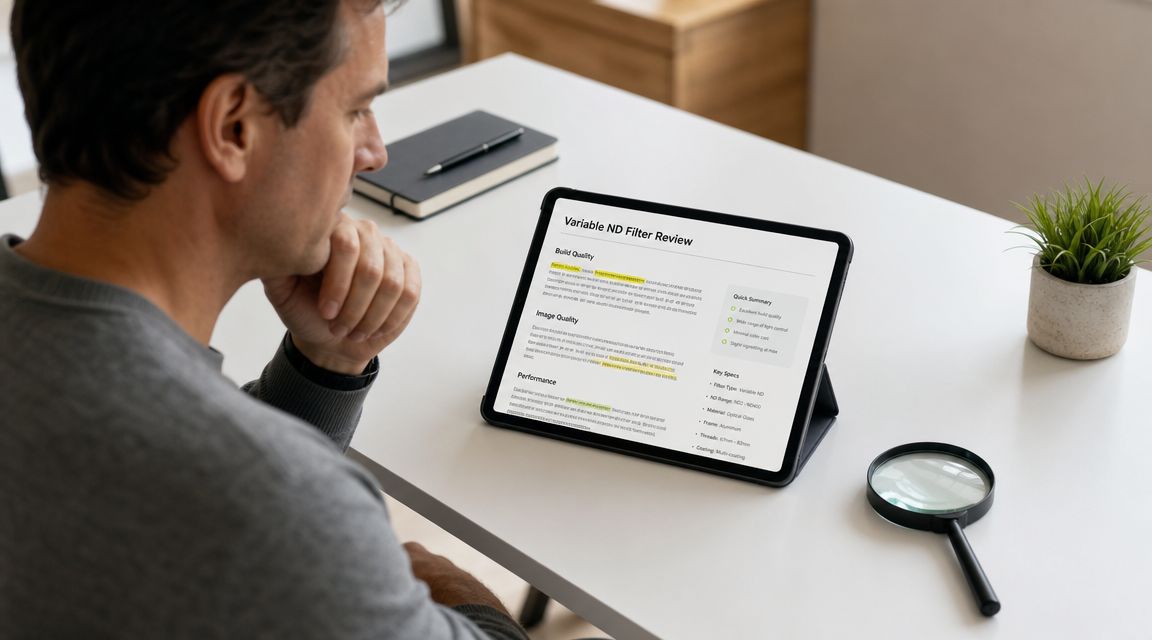 A man sits at a desk examining a product review for a variable neutral density filter on a tablet.