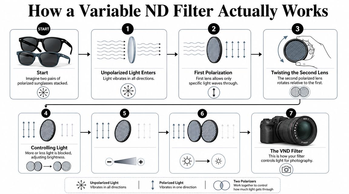 An infographic diagram explaining the physical process of how a variable neutral density filter works using polarized lenses.
