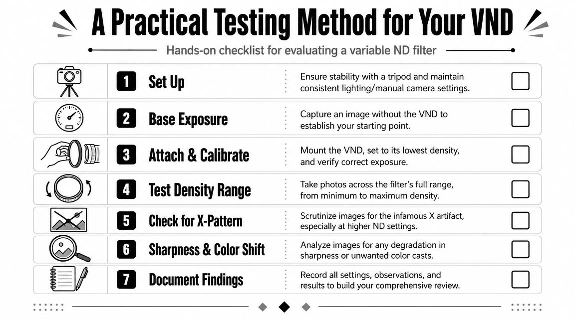 A seven-step infographic checklist guiding photographers on how to practically test a variable neutral density filter.