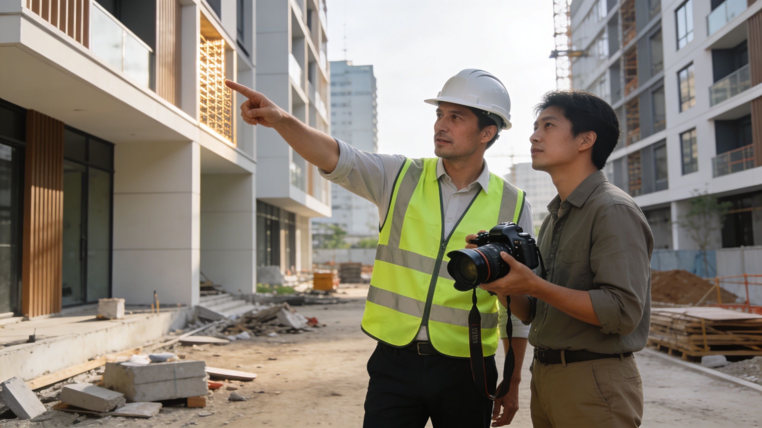 A construction manager in a safety vest points to a building site while a photographer holds a camera.