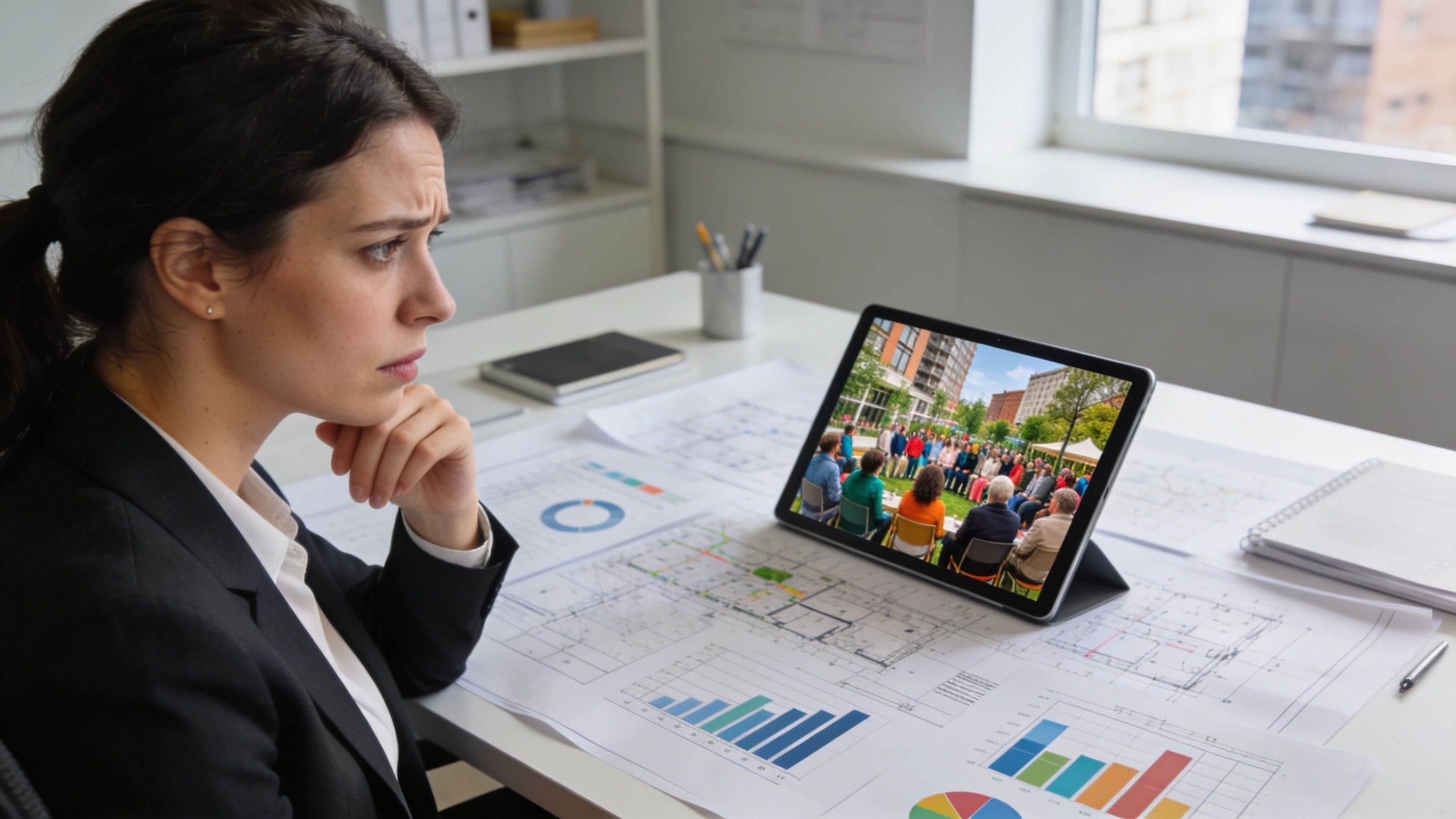 A professional woman looking concerned at a tablet displaying a video conference of a group meeting.
