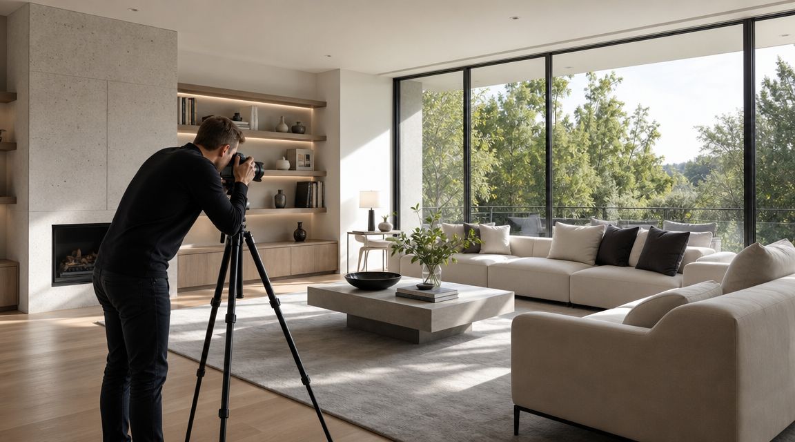 A professional photographer uses a tripod to photograph a modern, brightly lit interior living room space.