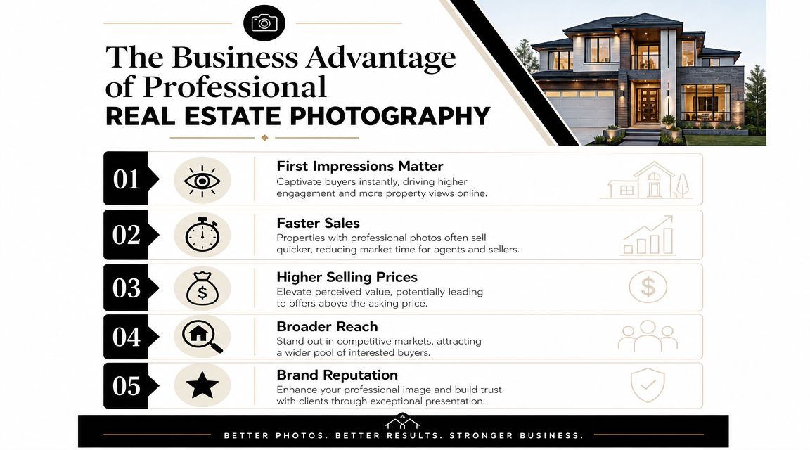 An infographic detailing five key business benefits of professional real estate photography for agents and property sellers.