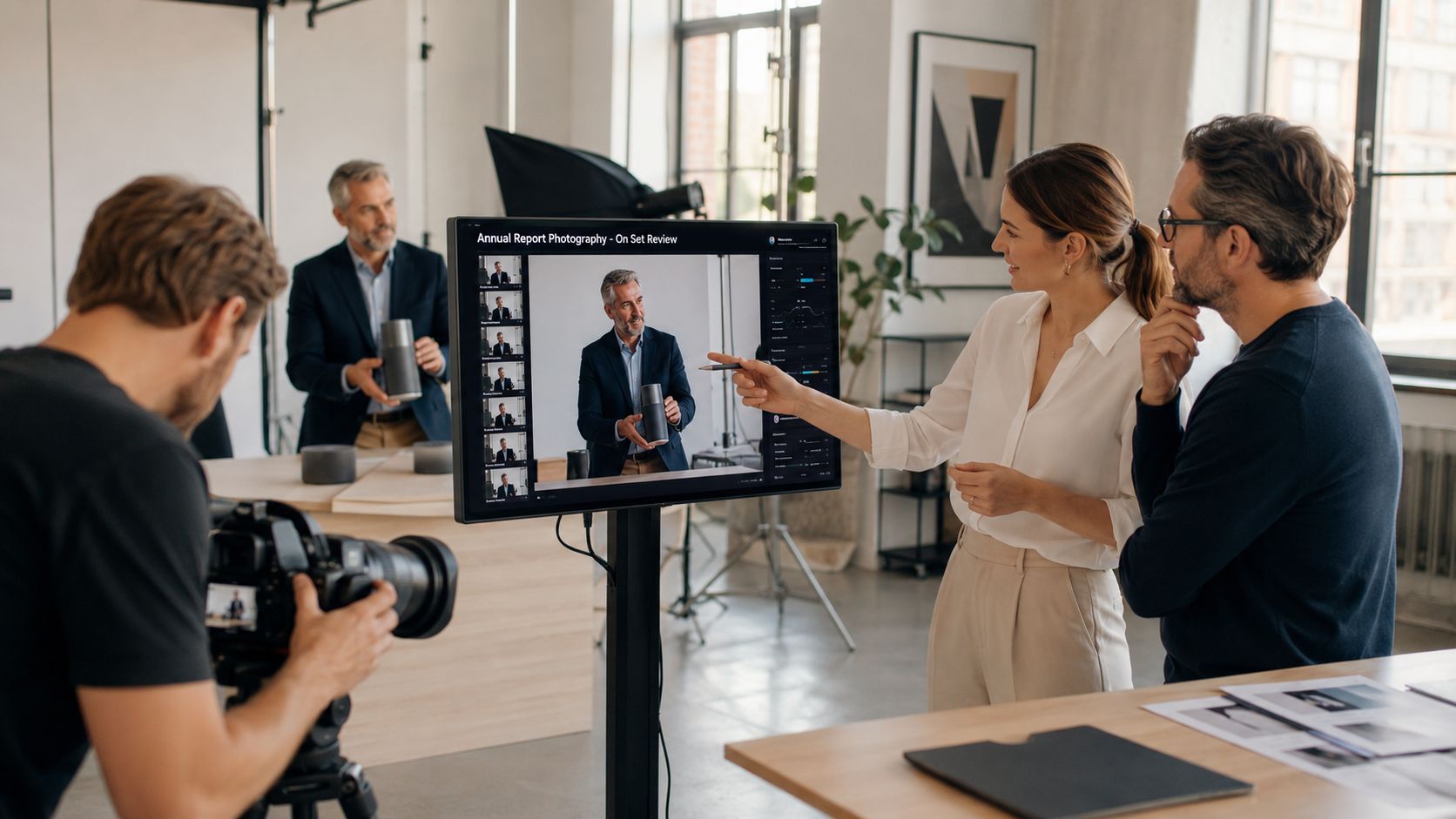 A professional photography team reviewing annual report shots on a monitor during a studio photoshoot session.