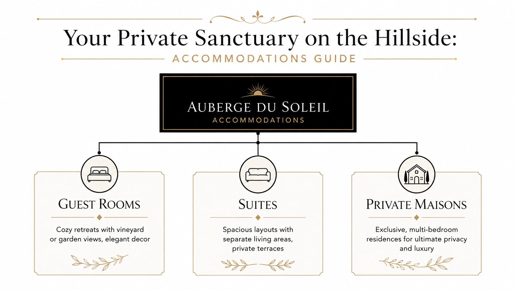 An organizational chart showing accommodation options at Auberge du Soleil including guest rooms, suites, and private maisons.