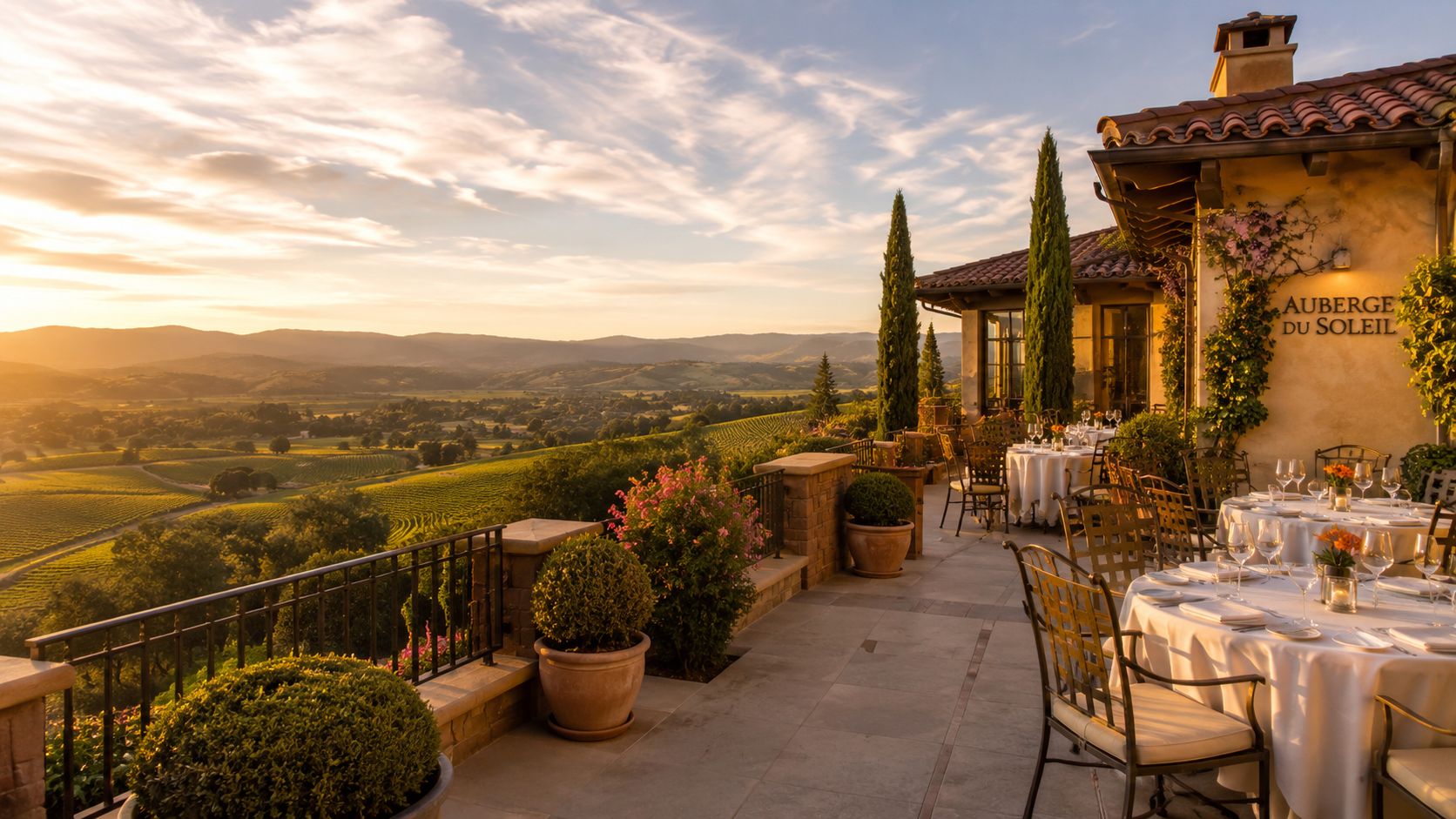 A luxurious outdoor restaurant terrace at Auberge du Soleil overlooking the scenic sunlit vineyards of Napa Valley.