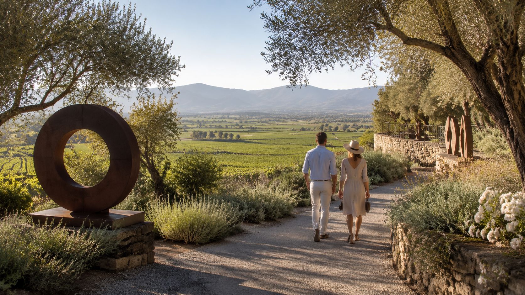 A couple walks along a scenic path overlooking the sunlit vineyards of Auberge du Soleil in Napa Valley.