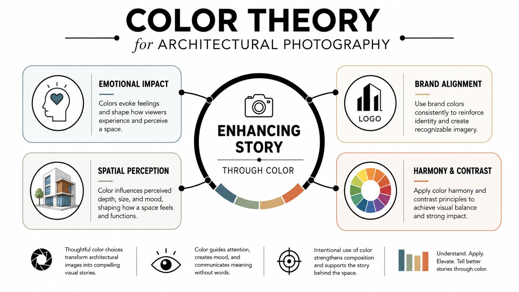 An infographic detailing color theory in architectural photography for enhancing stories through emotional impact and spatial perception.