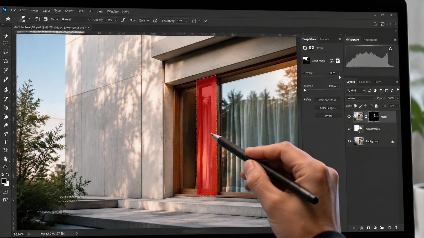A designer using a stylus on a digital tablet to edit a window in Photoshop.
