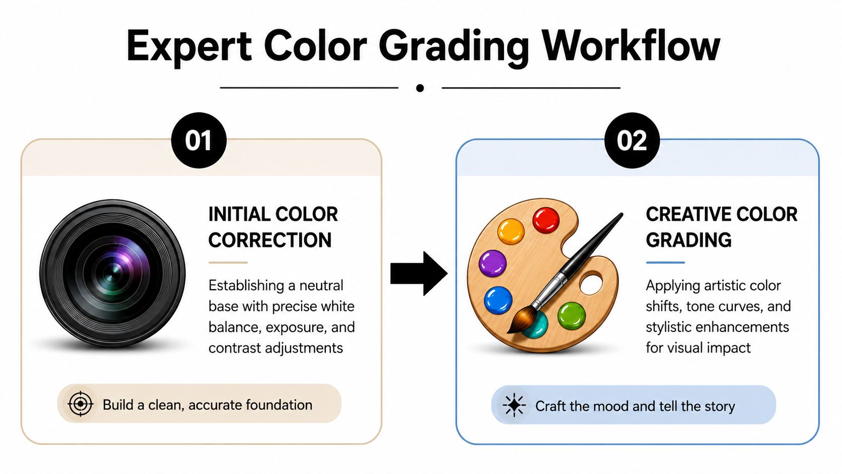 An infographic showing a two-step professional color grading workflow process for photographers and filmmakers.