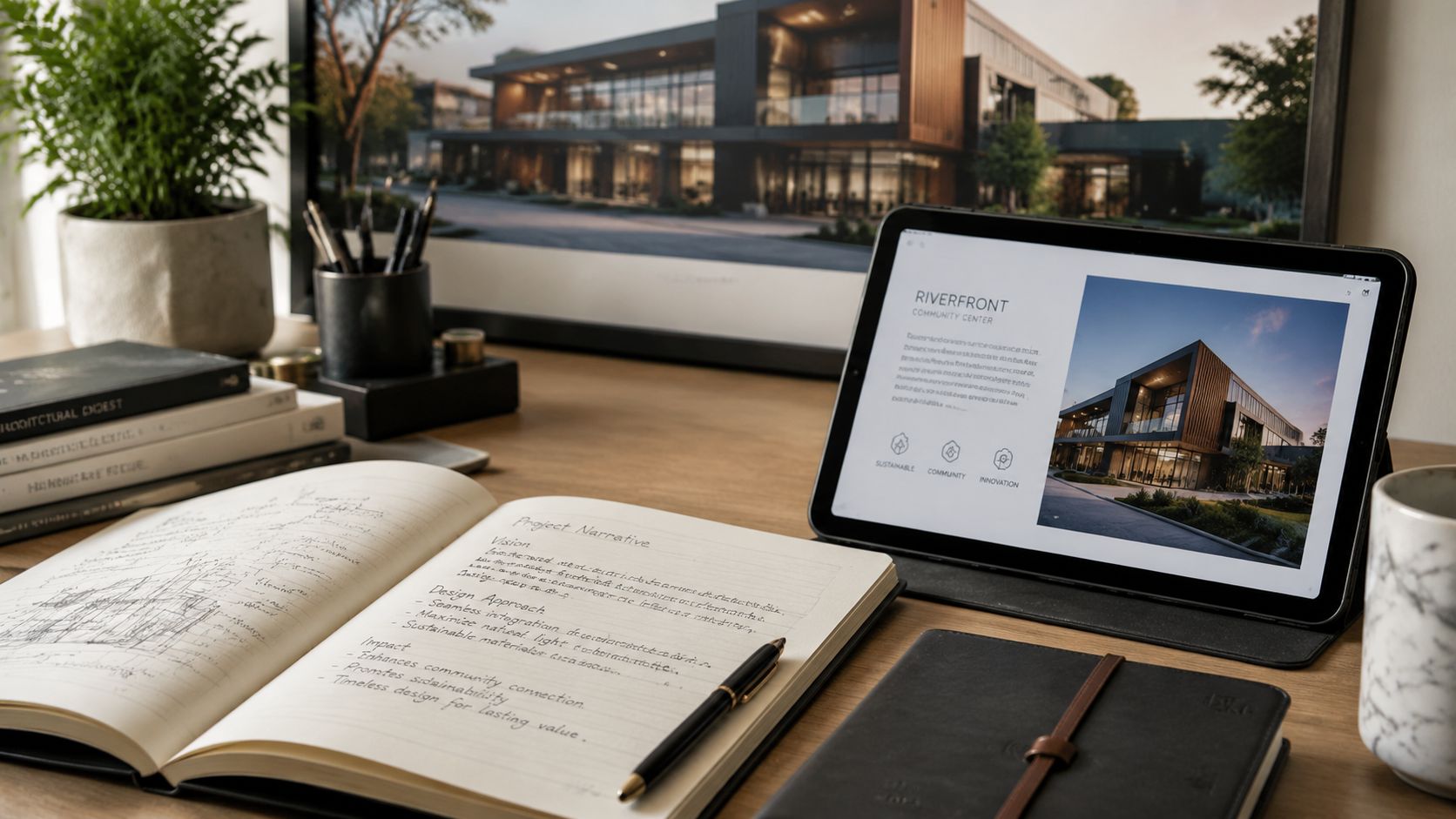 A professional workspace featuring a tablet displaying a modern building design project and an open notebook.