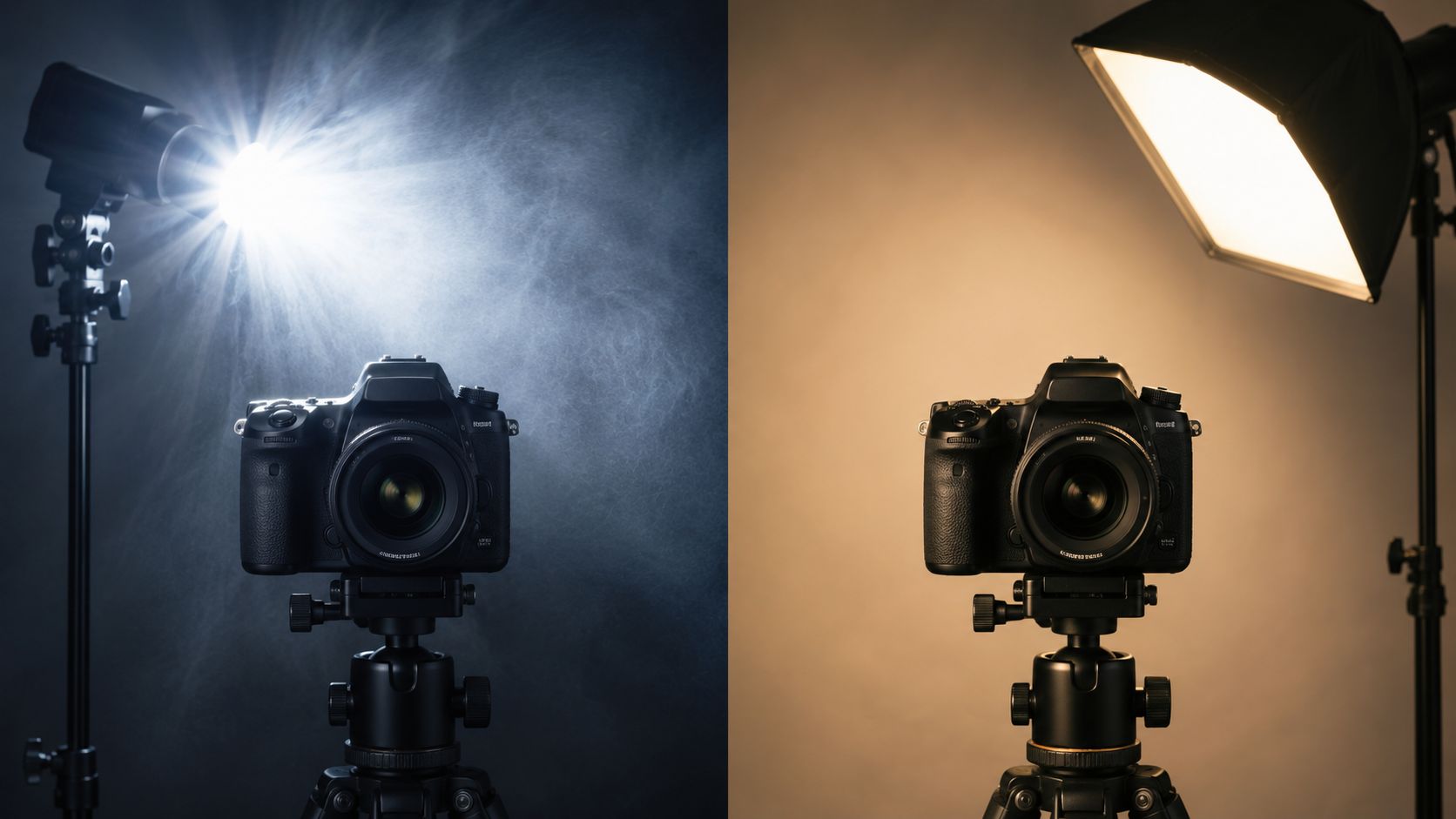 A split comparison showing a studio camera setup with a harsh continuous light and softbox lighting.