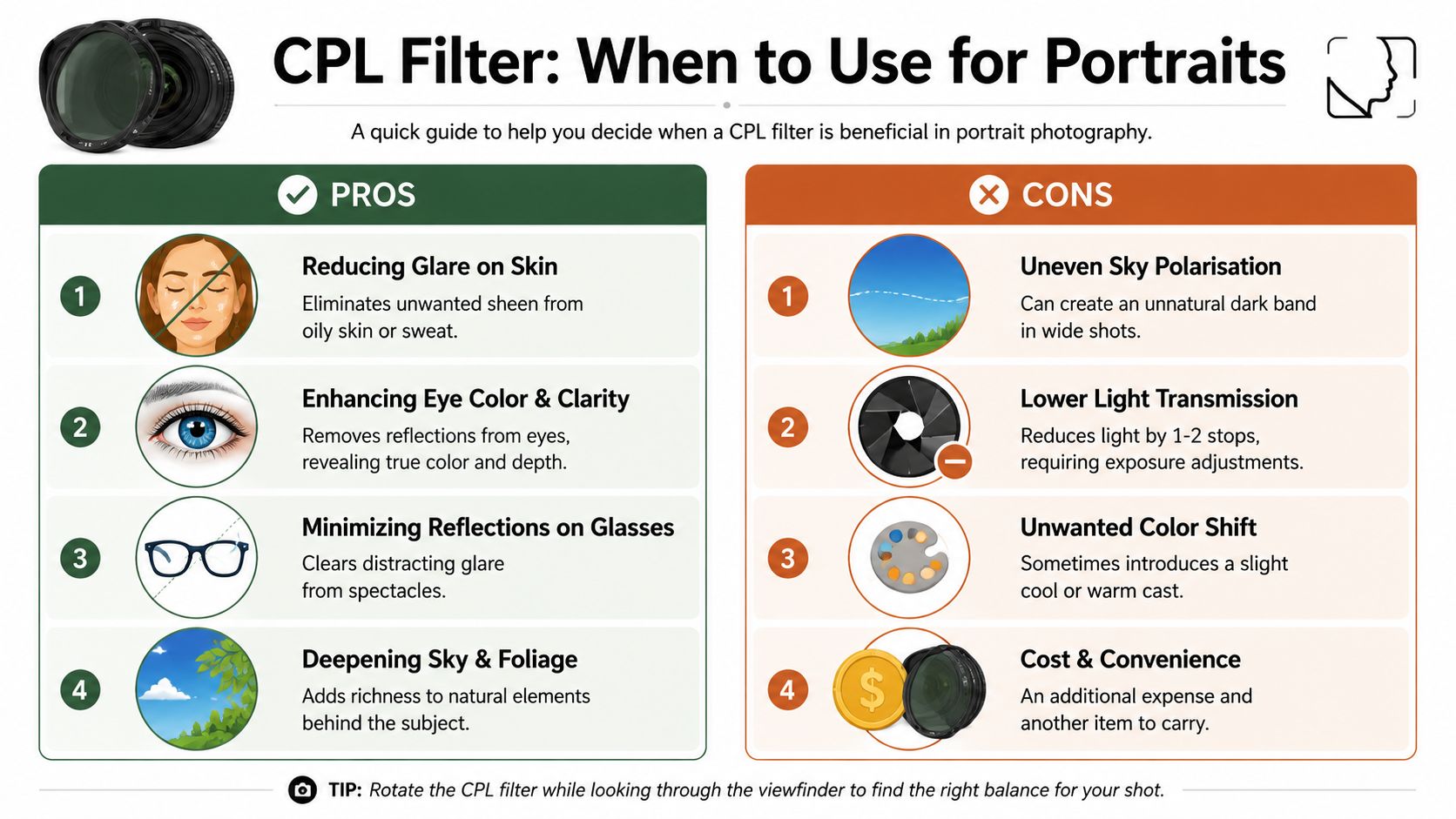 An infographic titled CPL Filter: When to Use for Portraits, listing pros and cons for portrait photography.