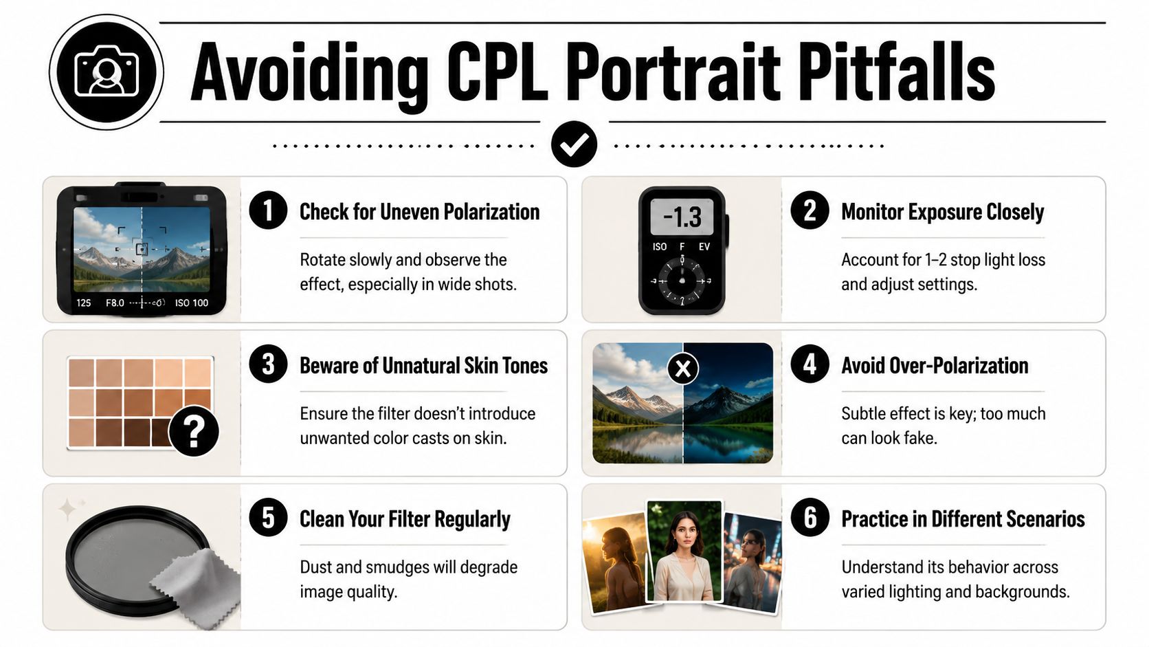 An infographic titled Avoiding CPL Portrait Pitfalls showing six tips for using circular polarizer filters in photography.