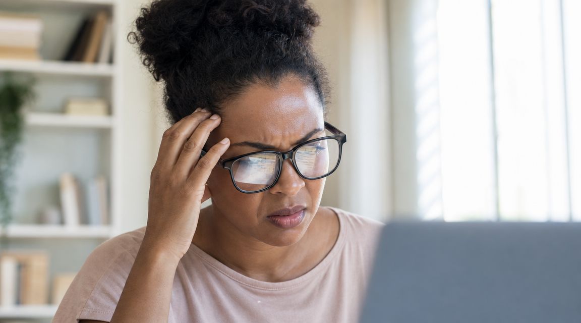 A woman wearing glasses looks stressed and frustrated while focusing on her laptop screen at home.