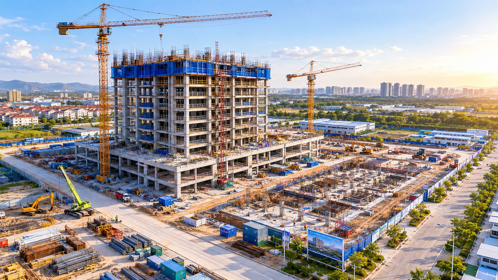 A large-scale construction site featuring a high-rise building framework, multiple cranes, and heavy machinery at sunset.