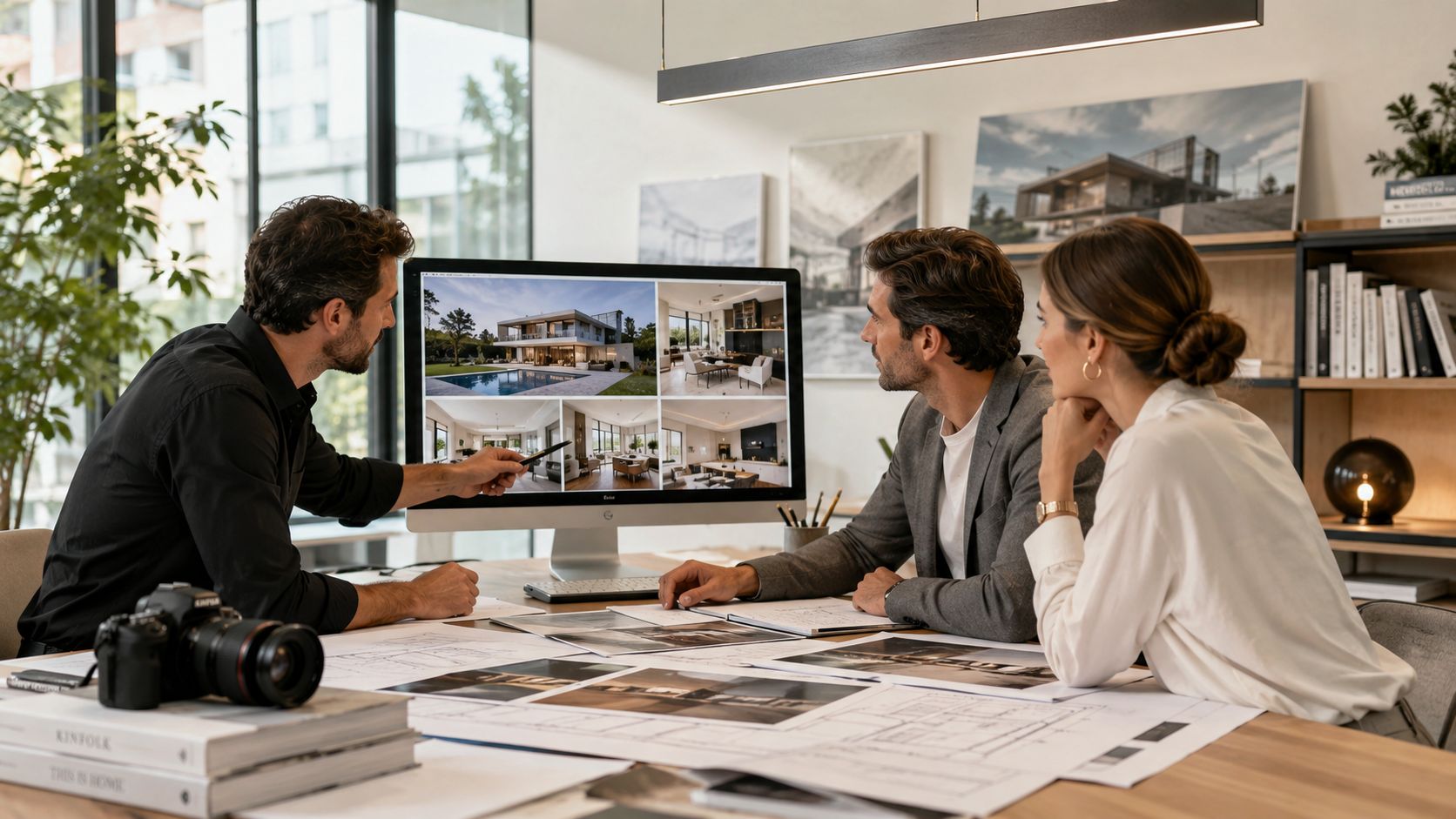 A professional team of architects and interior designers reviewing property project photos on a computer screen.