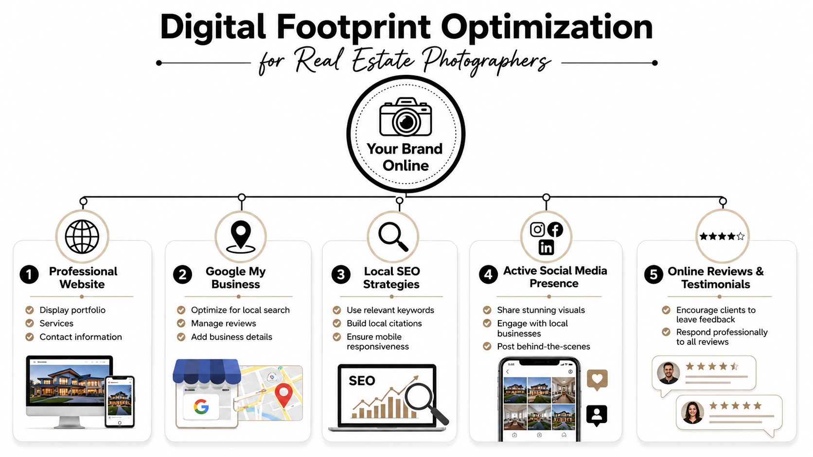 An infographic showing five key steps for real estate photographers to optimize their online digital footprint.