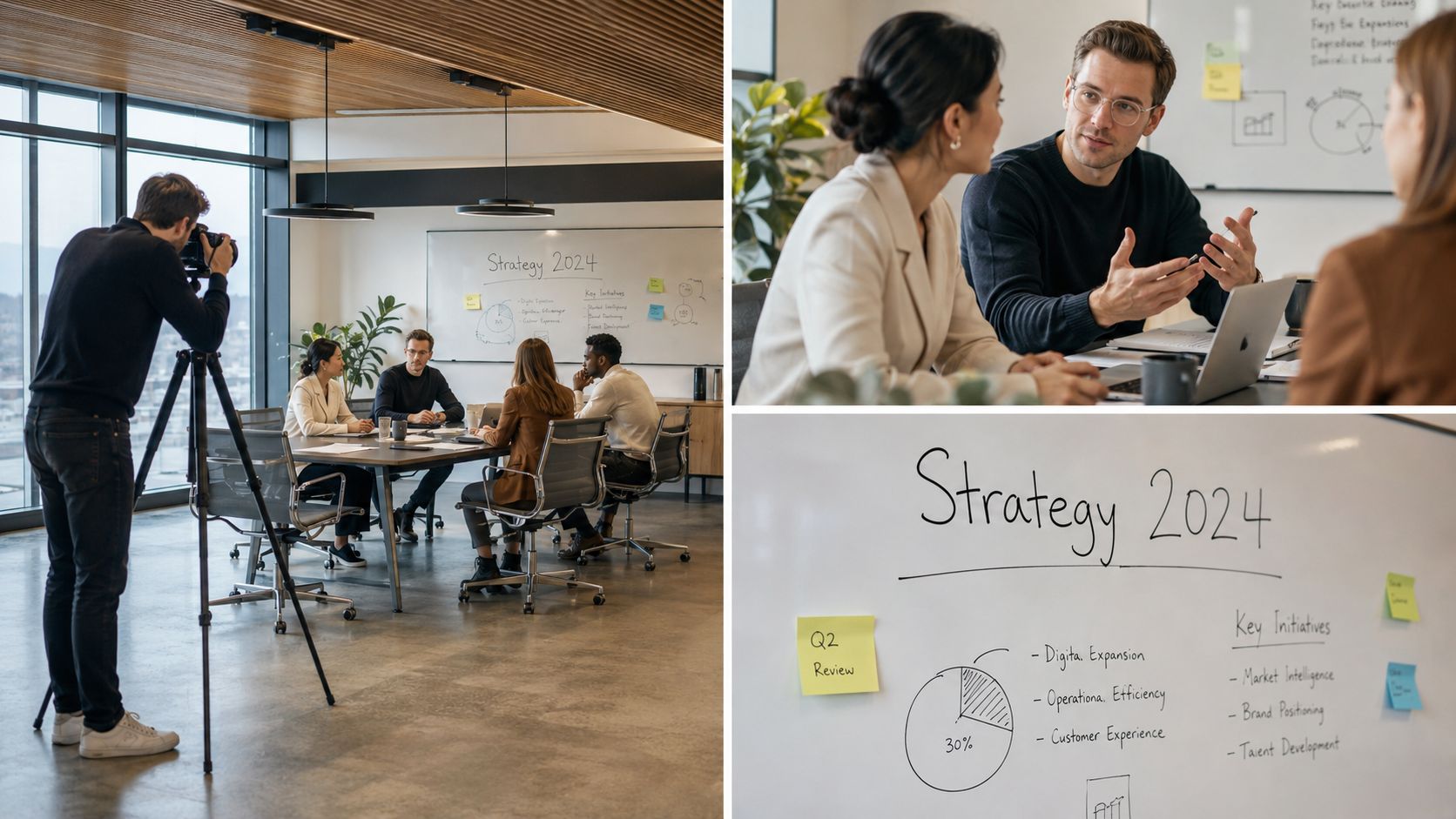 A professional photographer captures a corporate team meeting in a modern office with strategy notes on a whiteboard.