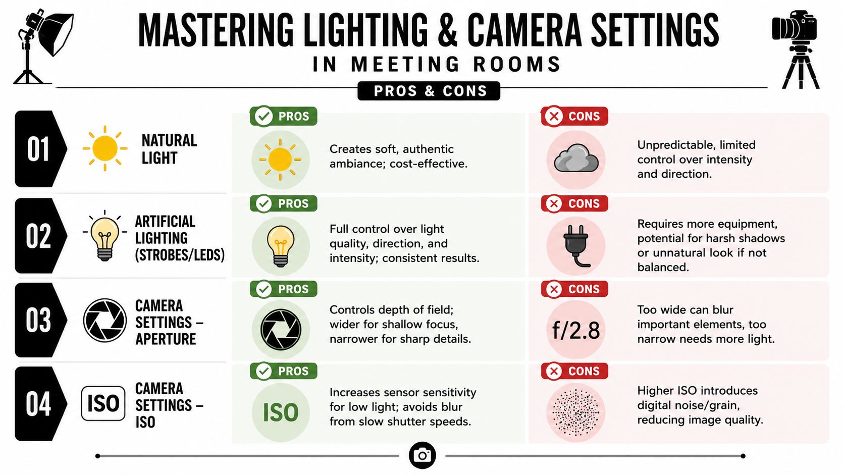 An infographic titled Mastering Lighting and Camera Settings in Meeting Rooms outlining pros and cons of lighting.